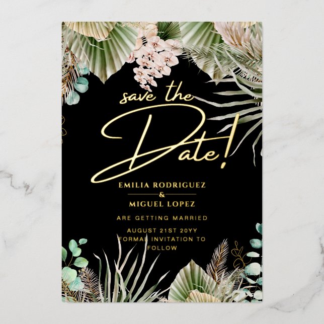 Gold Foil Tropical Pampas Grass Wedding Save Date (Front)