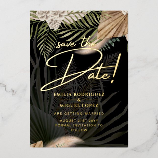 Gold Foil Tropical Pampas Grass Wedding Save Date (Front)