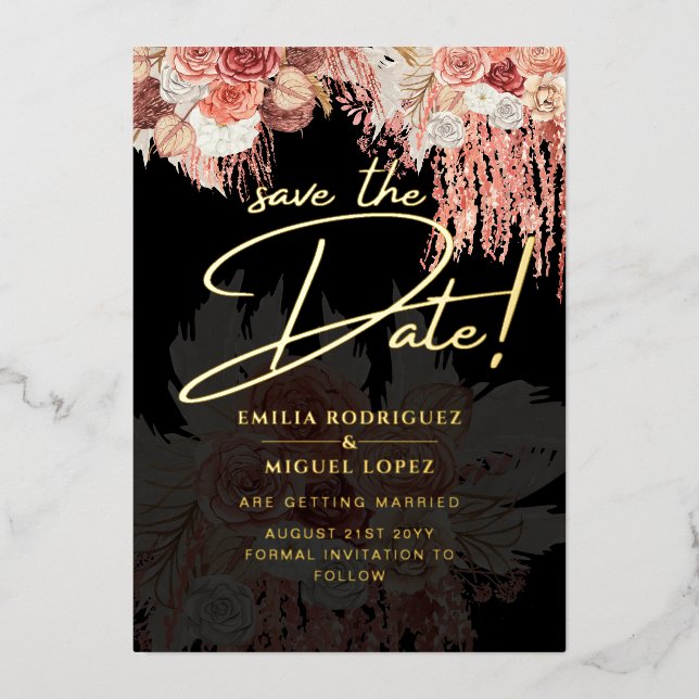 Gold Foil Tropical Pampas Grass Wedding Save Date (Front)