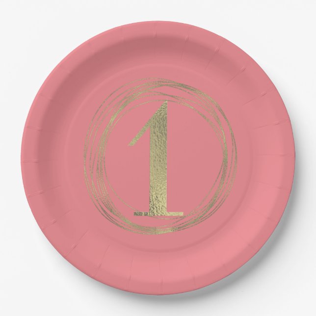 Gold Foil Turning One First Birthday Paper Plate (Front)