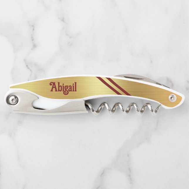 Gold Foil Two Maroon Accent Stripes Personalised Corkscrew (Front)