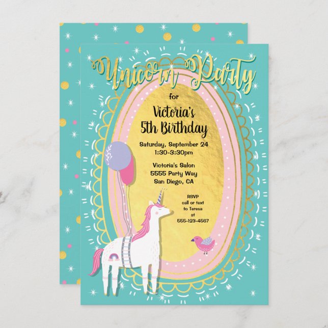 Gold Foil Unicorn Birthday Party Invitations (Front/Back)