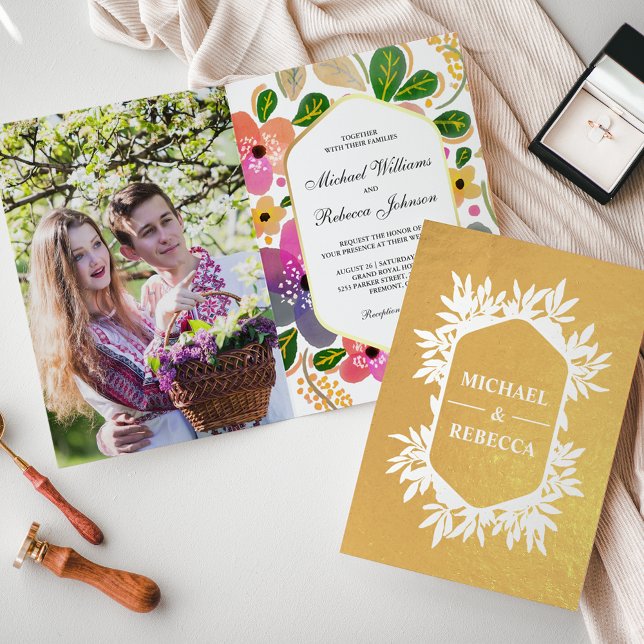 Gold Foil Vibrant Watercolor Floral Wedding Invite (Creator Uploaded)