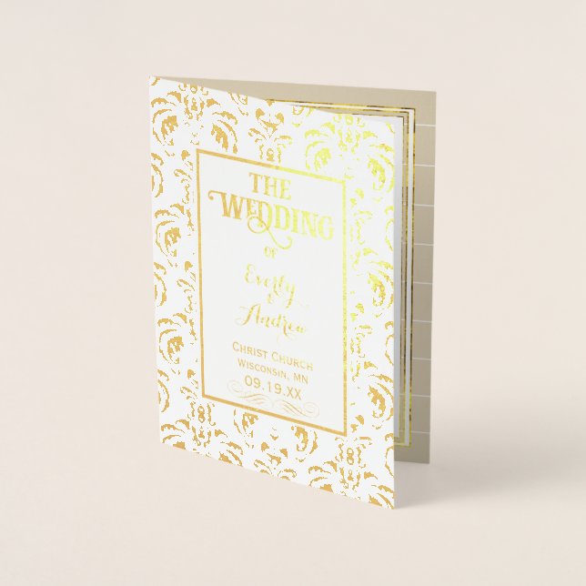 Gold Foil Vintage Damask WEDDING PROGRAM Foil Card (Front)