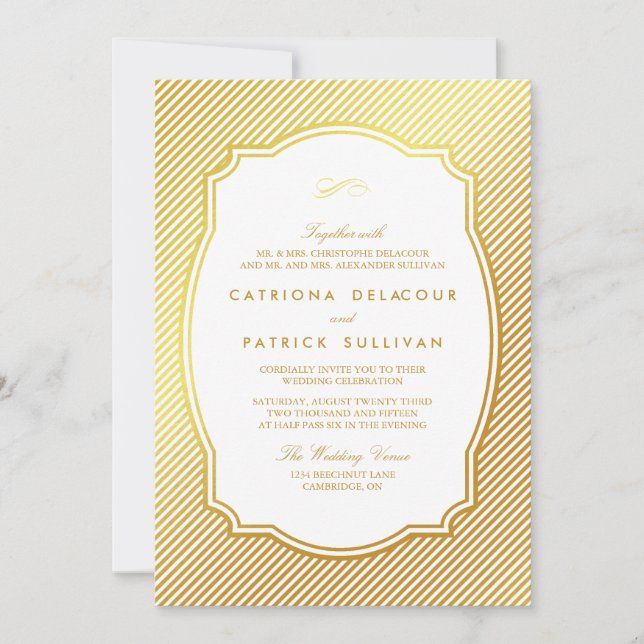 Gold Foil Vintage Frame Striped Wedding Invitation (Front)