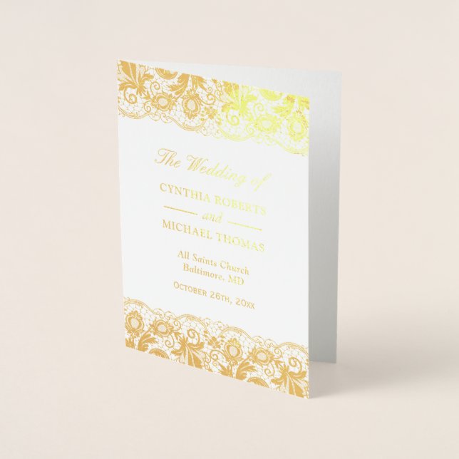 Gold Foil Vintage Lace Damask Wedding Program Card (Front)