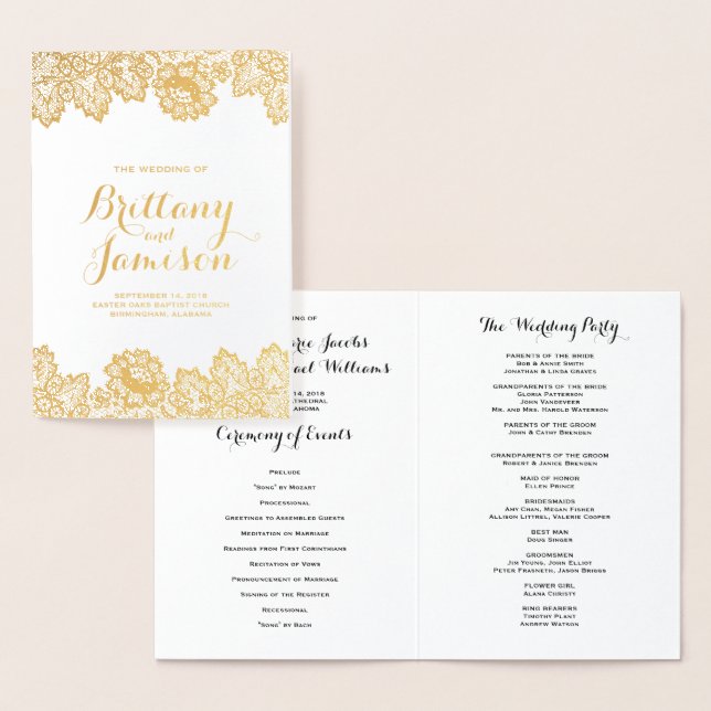 Gold Foil Vintage Lace Elegant Wedding Program Card (Display)