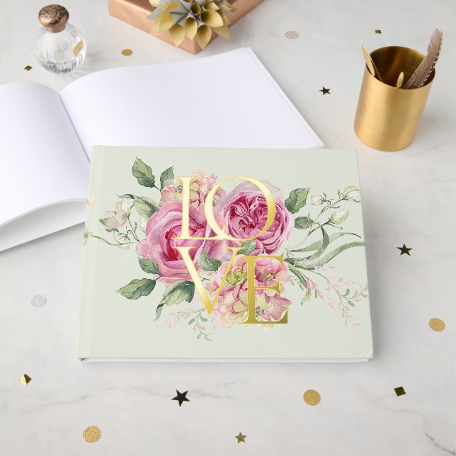 Gold Foil Watercolor Romantic Floral Wedding Guest Book (Front Open)