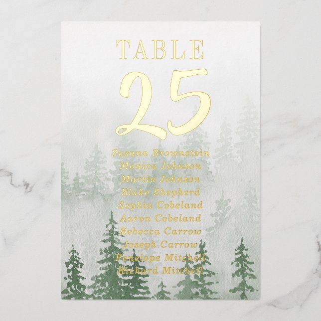 Gold Foil Wedding Table Numbers Evergreen Forest  (Front)