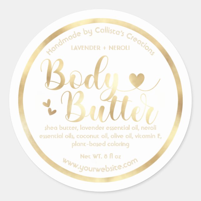 Gold Foil White Hearts Border Shea Body Butter Classic Round Sticker (Front)