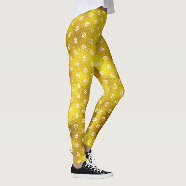 Gold foil white snowflake pattern holiday modern leggings (Right)