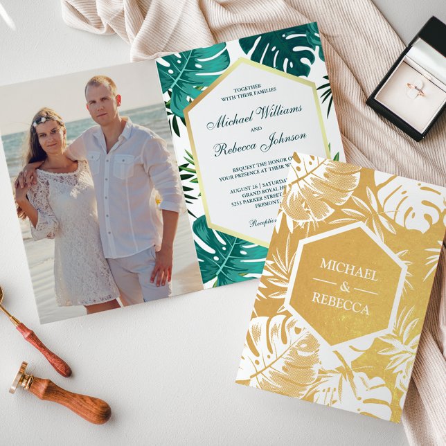 Gold Foil White Teal Monstera Wedding Invitation (Creator Uploaded)