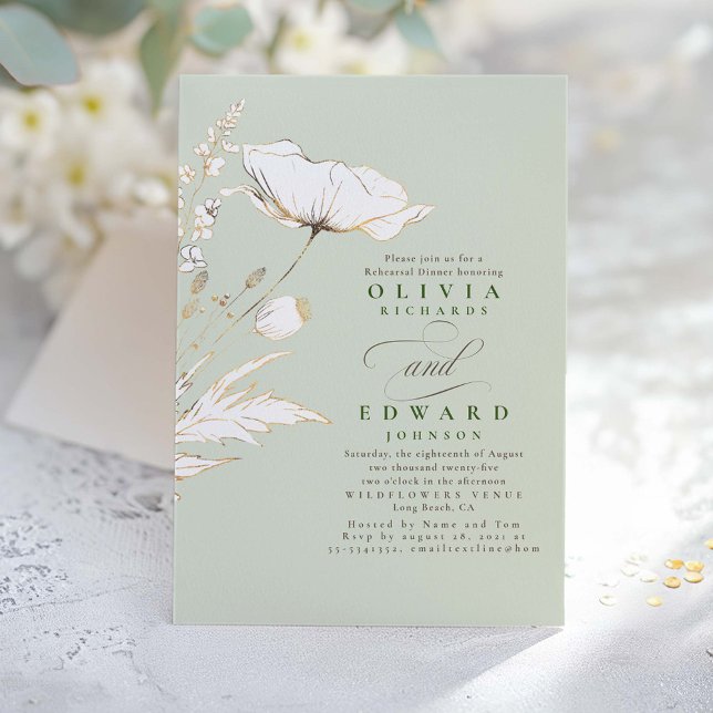 Gold Foil Wildflowers Sage Green Rehearsal Dinner Invitation (Wildflowers Sage Green Rehearsal Dinner Invitation Card)