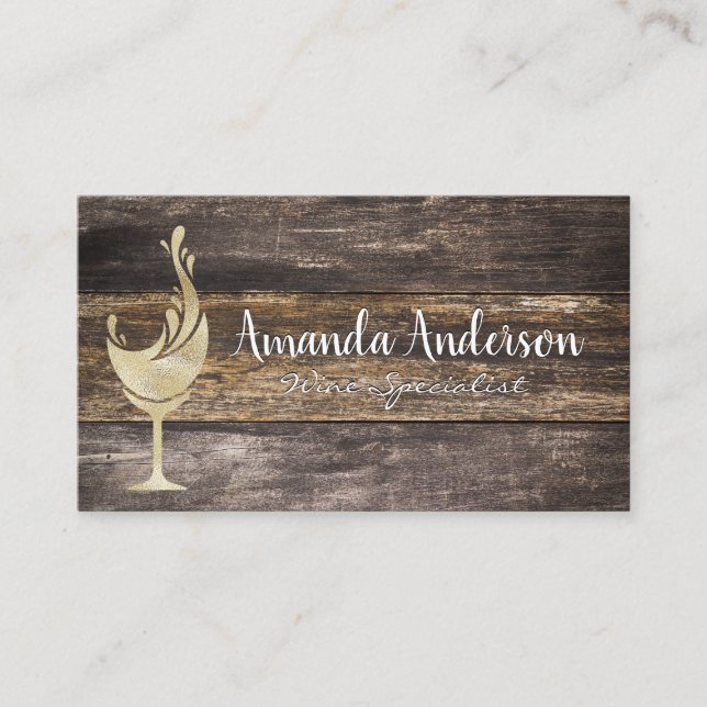 Gold Foil Wine Glass Splash | Wooden Board Business Card (Front)
