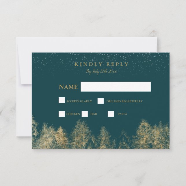 Gold foil Winter snow green pine tree rsvp wedding (Front)