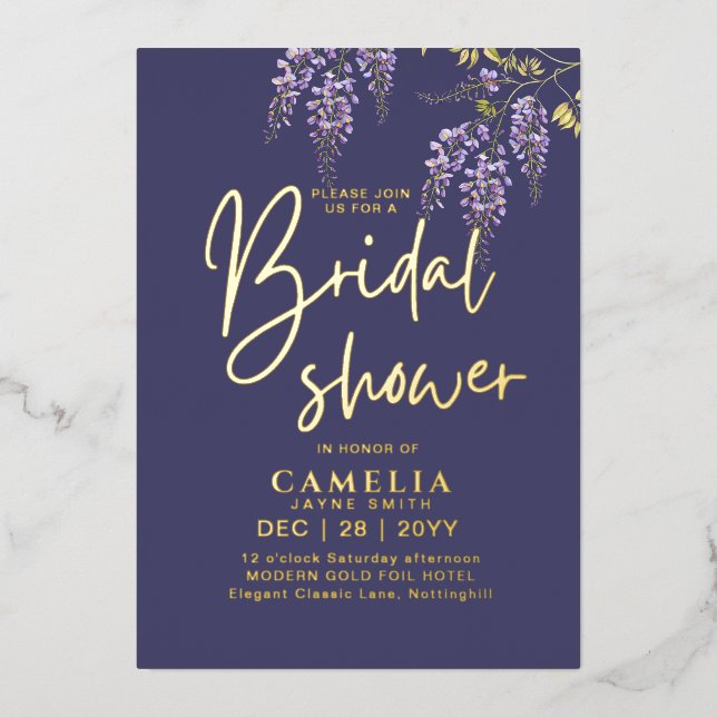 Gold Foil Wisteria Purple BRIDAL SHOWER QR Code (Front)