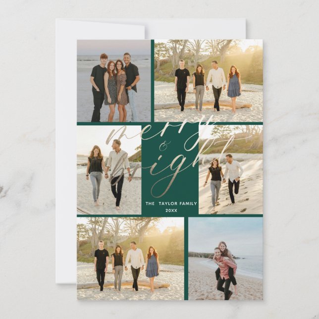 Gold Foil with Pink Plaid Merry and Bright  Holiday Card (Front)