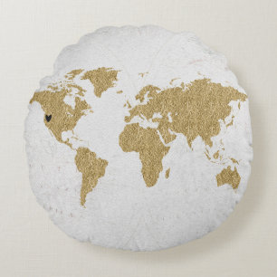 Gold Foil World Map Custom Moveable Heart Location Round Cushion