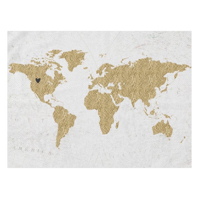 Gold Foil World Map Custom Moveable Heart Location Tablecloth (Front (Horizontal))