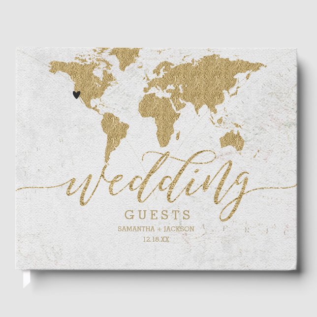 Gold Foil World Map Destination Wedding Monogram Guest Book (Front)