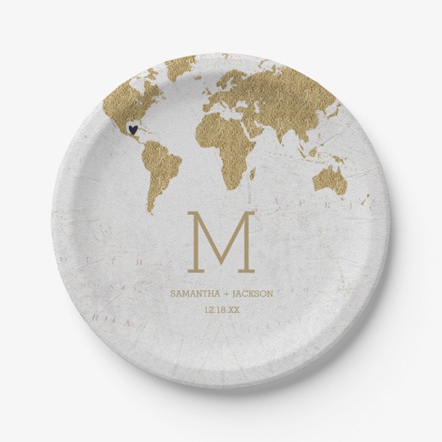 Gold Foil World Map Destination Wedding Monogram Paper Plate (Front)