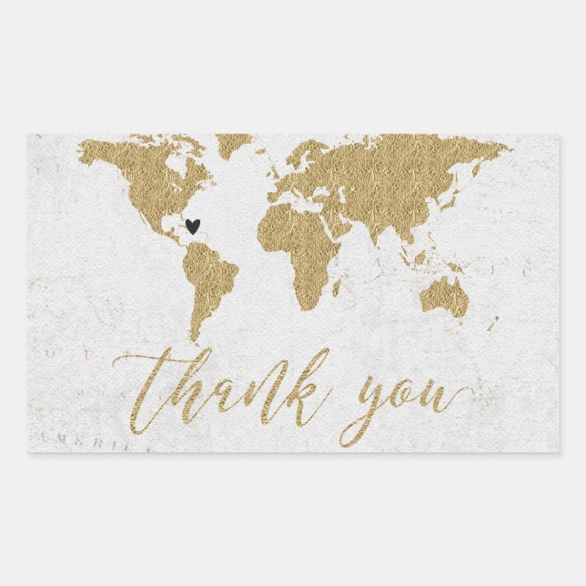 Gold Foil World Map Destination Wedding Thank You Rectangular Sticker (Front)