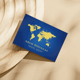 Gold Foil World Map Navy Blue Travel Agent Business Card