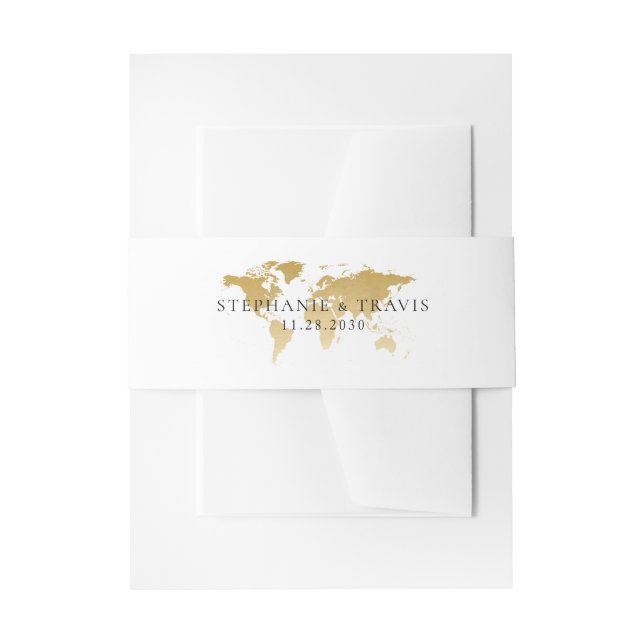 Gold Foil World Map Travel Themed Destination Invitation Belly Band (Front Example)
