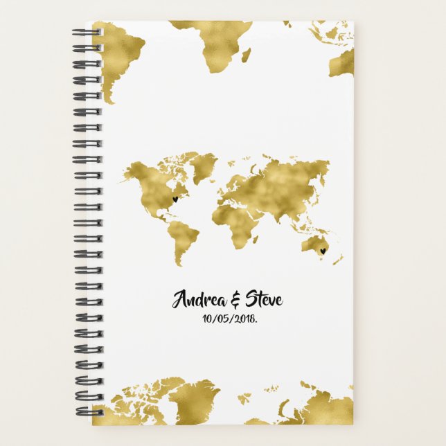 Gold Foil World Map with removable hearts couples Planner (Front)