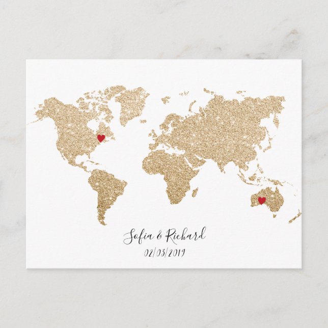 Gold Foil World Map with removable hearts couples Postcard (Front)