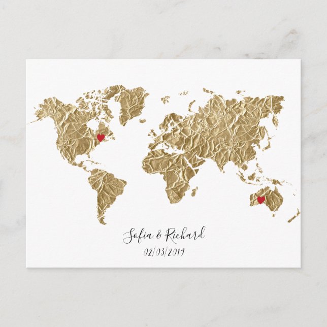 Gold Foil World Map with removable hearts couples Postcard (Front)