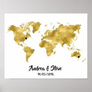 Gold Foil World Map with removable hearts couples Poster