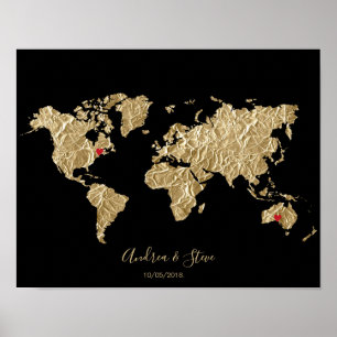 Gold Foil World Map with removable hearts couples Poster