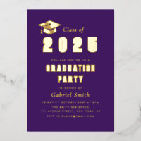 Gold foil year purple graduation party invitation