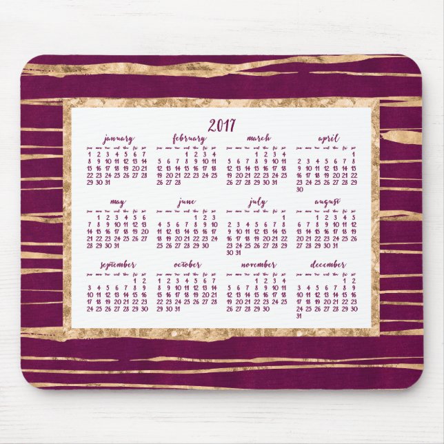 Gold Foil Yearly Calendar 2017 Magenta Mouse Pads (Front)