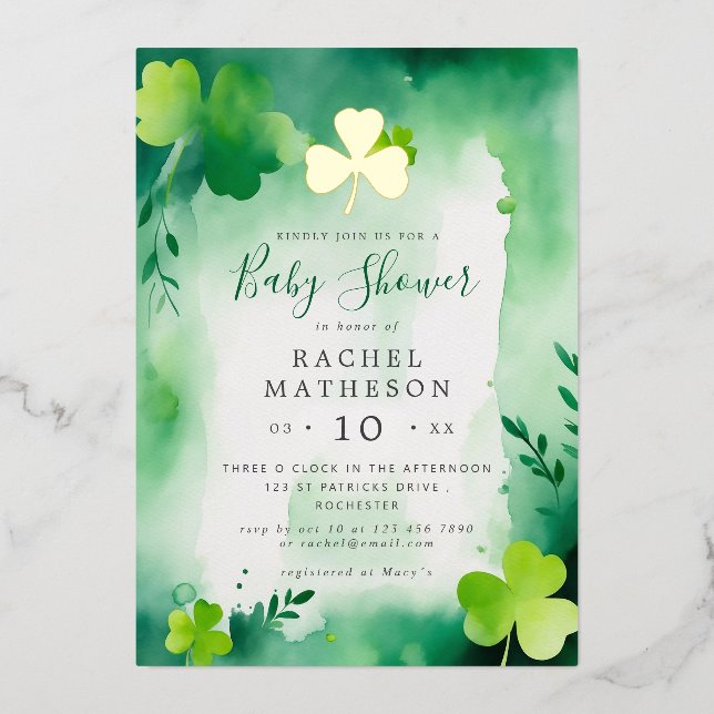gold foils shamrock st patricks day baby shower (Front)