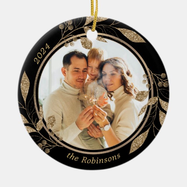 Gold Foliage Family Photo Black Christmas  Ceramic Tree Decoration (Front)
