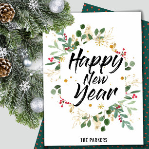 Gold Foliage Floral   Red Berry New Year Holiday Card