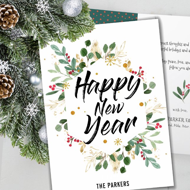 Gold Foliage Floral | Red Berry New Year Holiday Card (Creator Uploaded)