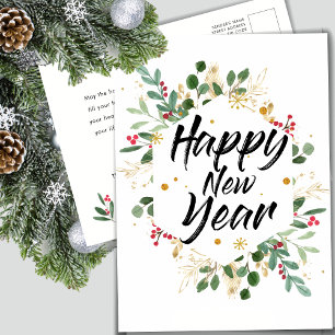 Gold Foliage Floral   Red Berry New Year Holiday Postcard