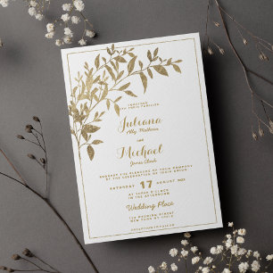 Gold foliage floral traditional white Wedding Invitation