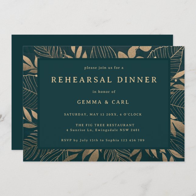 Gold Foliage Green Rehearsal Dinner Invitation (Front/Back)