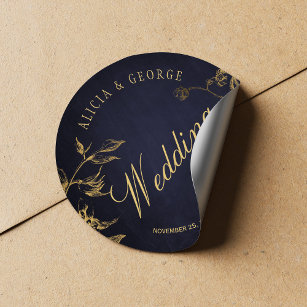 Gold foliage navy blue chic calligraphy wedding classic round sticker