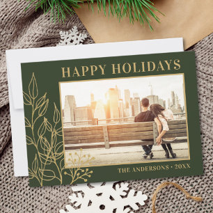 Gold Foliage Photo Happy Holidays Green Holiday Card