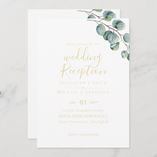 Gold Font Greenery Wedding RECEPTION Evening Invitation (Front/Back)