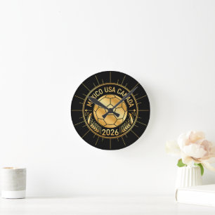 Gold Football Emblem 2026   Mexico USA Canada Round Clock