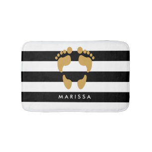Gold Footprints With Name Black and White Stripes Bath Mat