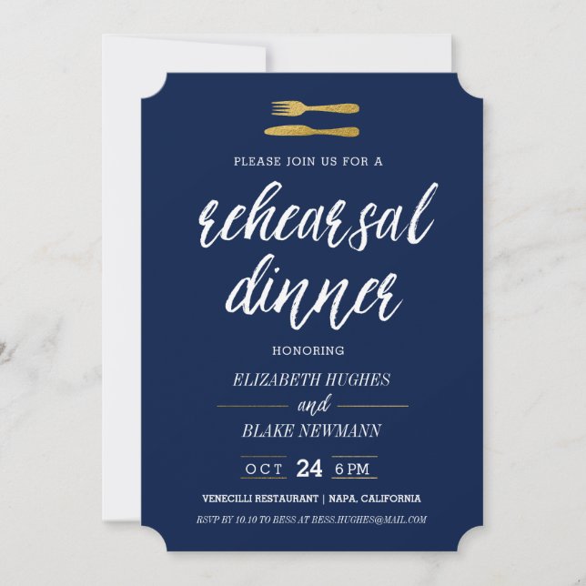 Gold Fork & Knife Rehearsal Dinner Invite - Navy (Front)
