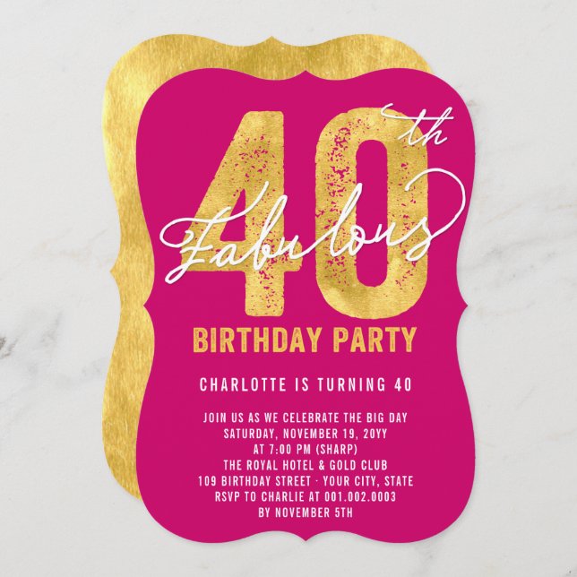Gold Forty and Fabulous 40th Birthday Party Invite (Front/Back)