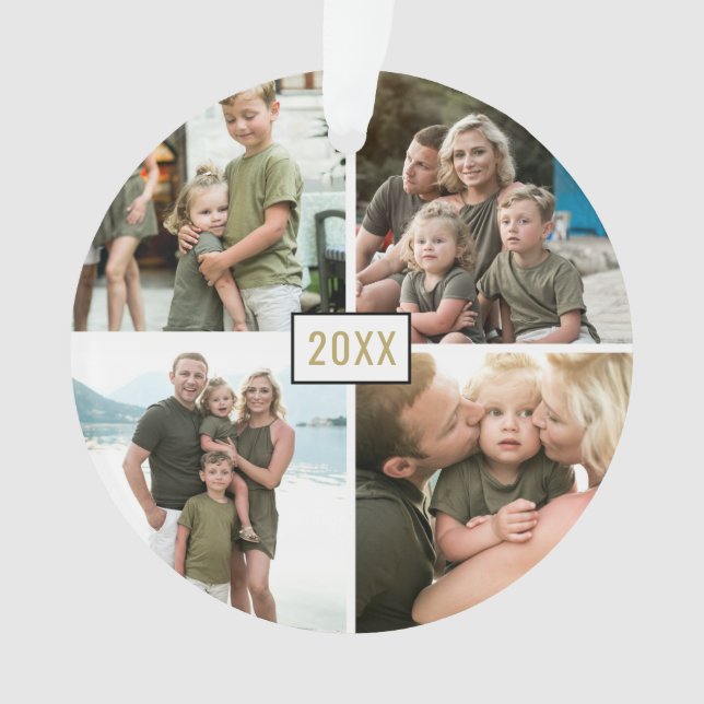 Gold Four Photo Christmas Holiday Ornament (Front)